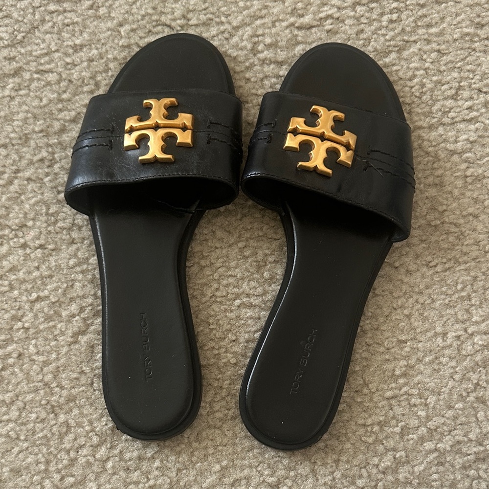 Tory Burch Black Sandals with Gold Logo